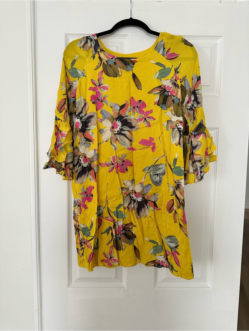 Yellow Floral Ruffle-Sleeve Women's Dress